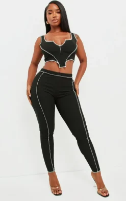 Online PrettyLittleThing Shape Contrast Stitch Ribbed Crop Top Black