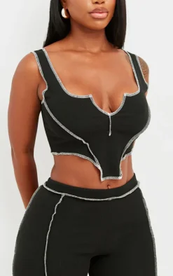Online PrettyLittleThing Shape Contrast Stitch Ribbed Crop Top Black