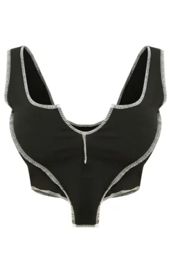 Online PrettyLittleThing Shape Contrast Stitch Ribbed Crop Top Black