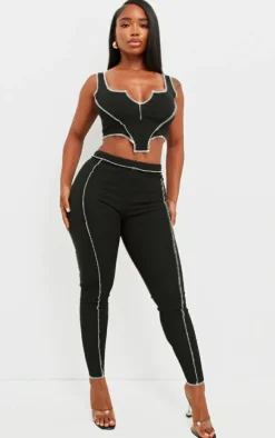 PrettyLittleThing Shape Contrast Stitch Ribbed Crop Leggings Black