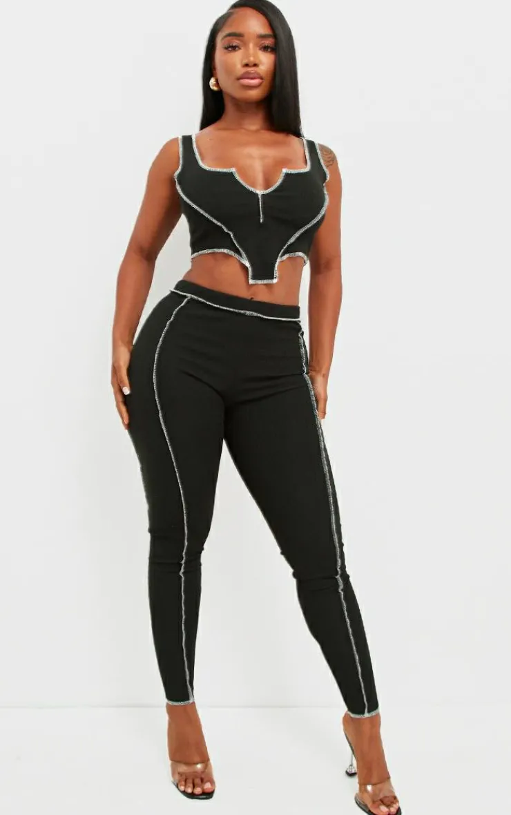 PrettyLittleThing Shape Contrast Stitch Ribbed Crop Leggings Black