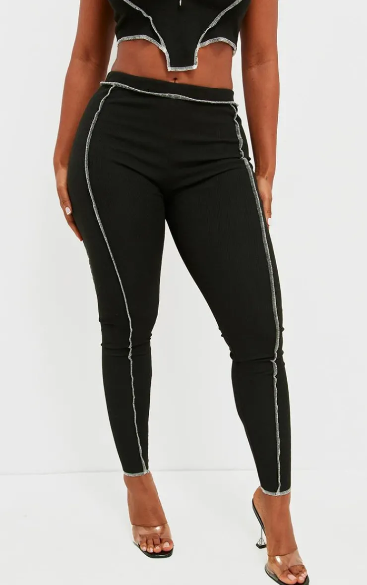 PrettyLittleThing Shape Contrast Stitch Ribbed Crop Leggings Black