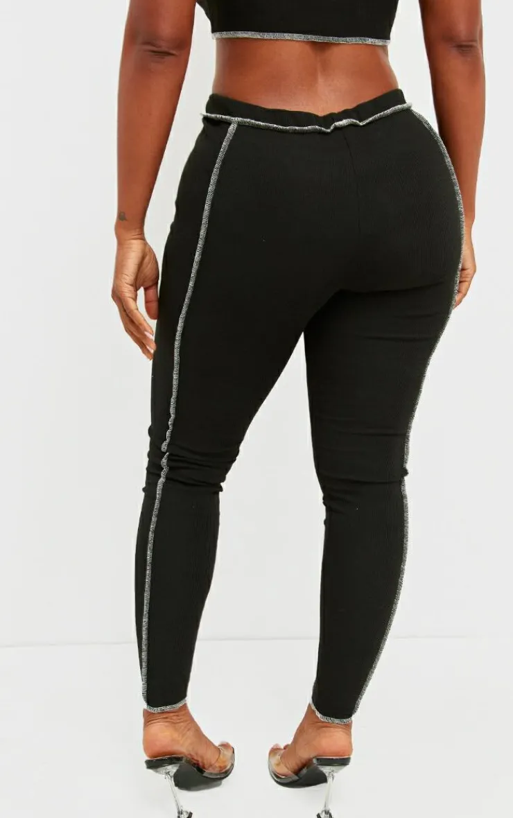 PrettyLittleThing Shape Contrast Stitch Ribbed Crop Leggings Black