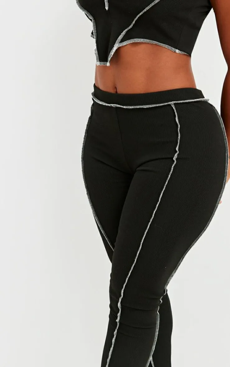 PrettyLittleThing Shape Contrast Stitch Ribbed Crop Leggings Black