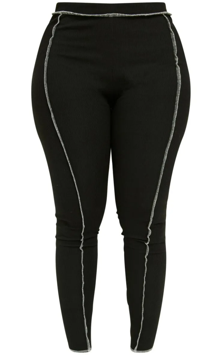 PrettyLittleThing Shape Contrast Stitch Ribbed Crop Leggings Black