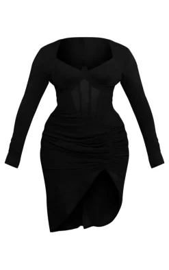 Shape Corset Detail Long Sleeve Ruched Midi Dress-PrettyLittleThing Outlet