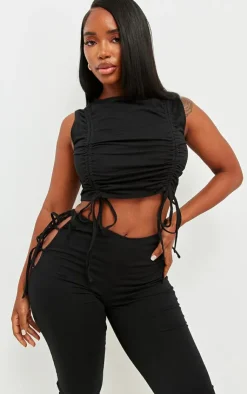 Discount PrettyLittleThing Shape Cotton Ruched Racer Longline Top Black