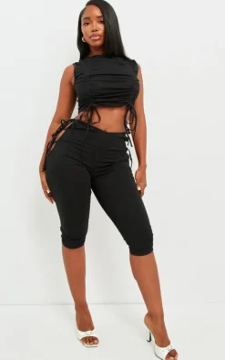 Discount PrettyLittleThing Shape Cotton Ruched Racer Longline Top Black