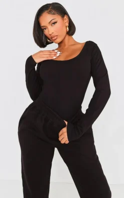 Best PrettyLittleThing Shape Cotton Scoop Neck Seam Bodysuit Black