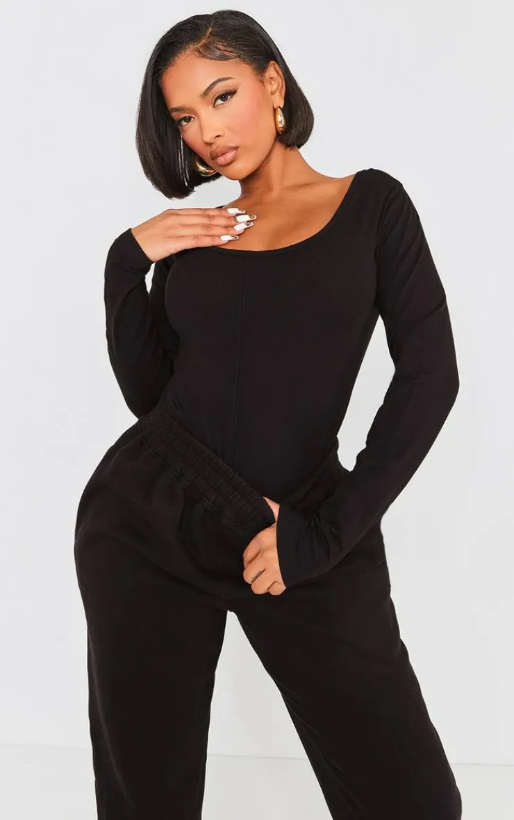 Best PrettyLittleThing Shape Cotton Scoop Neck Seam Bodysuit Black