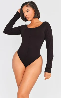 Best PrettyLittleThing Shape Cotton Scoop Neck Seam Bodysuit Black