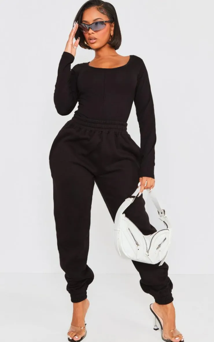 Best PrettyLittleThing Shape Cotton Scoop Neck Seam Bodysuit Black