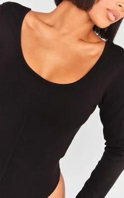 Best PrettyLittleThing Shape Cotton Scoop Neck Seam Bodysuit Black