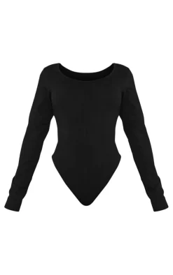 Best PrettyLittleThing Shape Cotton Scoop Neck Seam Bodysuit Black