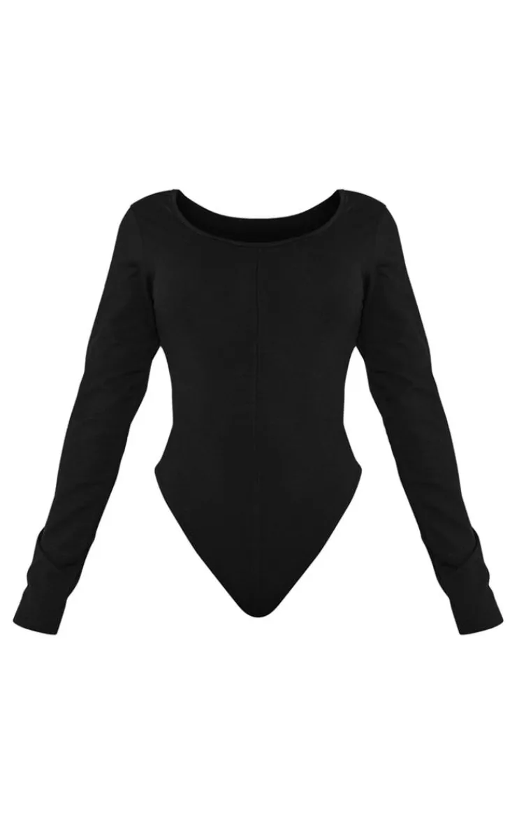 Best PrettyLittleThing Shape Cotton Scoop Neck Seam Bodysuit Black