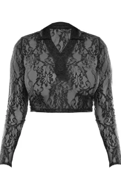 PrettyLittleThing Shape Cropped Lace Button Up Top Black