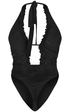 Shape Deep Plunge Halter Neck Frill Edge Bodysuit-PrettyLittleThing New