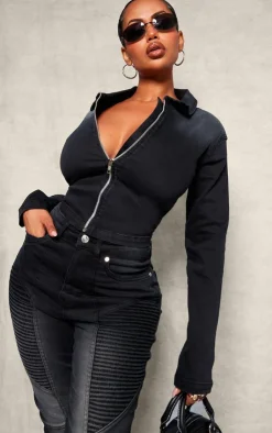 New PrettyLittleThing Shape Denim Cropped Zip Through Jacket Black