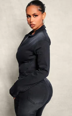 New PrettyLittleThing Shape Denim Cropped Zip Through Jacket Black