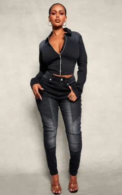 New PrettyLittleThing Shape Denim Cropped Zip Through Jacket Black
