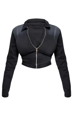 New PrettyLittleThing Shape Denim Cropped Zip Through Jacket Black