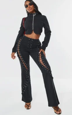 Discount PrettyLittleThing Shape Denim Lace Up Detail Flare Jeans Black