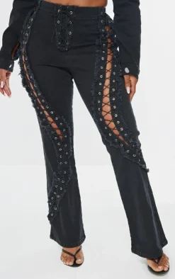 Discount PrettyLittleThing Shape Denim Lace Up Detail Flare Jeans Black