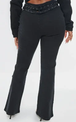 Discount PrettyLittleThing Shape Denim Lace Up Detail Flare Jeans Black