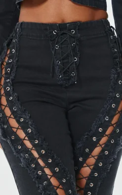 Discount PrettyLittleThing Shape Denim Lace Up Detail Flare Jeans Black