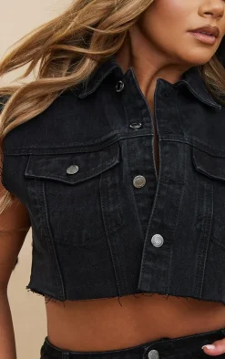 Outlet PrettyLittleThing Shape Denim Raw Hem Edge Cropped Jacket Black