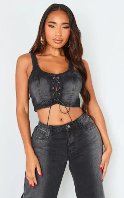 Shape Denim Washed Lace Up Crop Top-PrettyLittleThing Outlet
