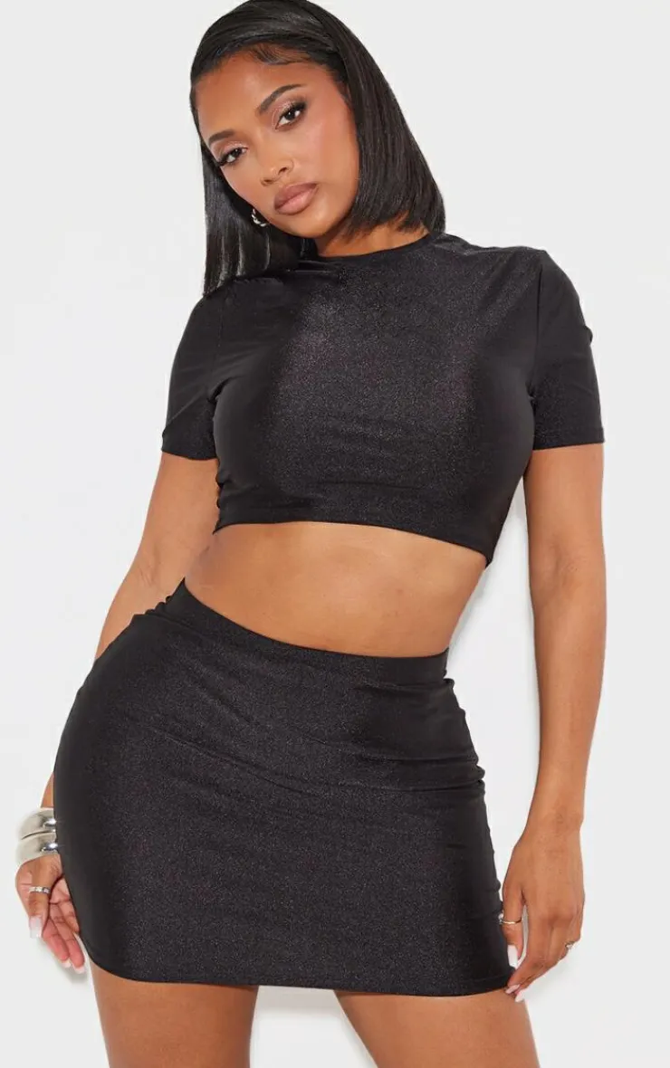 Hot PrettyLittleThing Shape Disco Sculpt Short Sleeve Crop Top Black