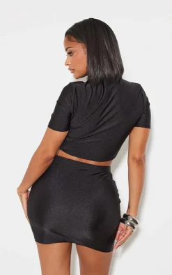 Hot PrettyLittleThing Shape Disco Sculpt Short Sleeve Crop Top Black