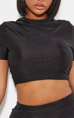 Hot PrettyLittleThing Shape Disco Sculpt Short Sleeve Crop Top Black