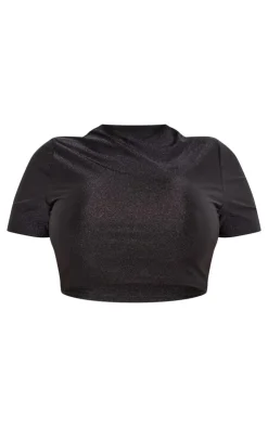 Hot PrettyLittleThing Shape Disco Sculpt Short Sleeve Crop Top Black