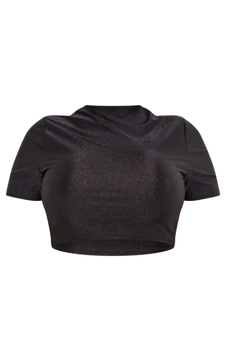 Hot PrettyLittleThing Shape Disco Sculpt Short Sleeve Crop Top Black