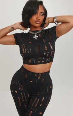 New PrettyLittleThing Shape Distressed Crop Top Black