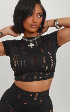 New PrettyLittleThing Shape Distressed Crop Top Black
