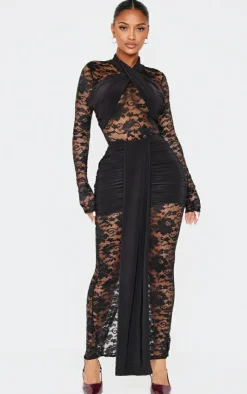 Clearance PrettyLittleThing Shape Drape Detail Lace Skirt Black