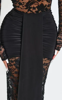 Clearance PrettyLittleThing Shape Drape Detail Lace Skirt Black