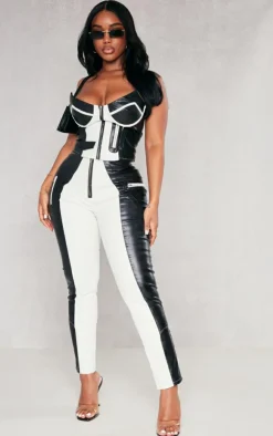 Sale PrettyLittleThing Shape Faux Leather Color Block Skinny Pants Black