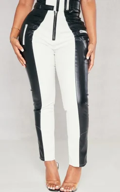 Sale PrettyLittleThing Shape Faux Leather Color Block Skinny Pants Black