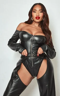PrettyLittleThing Shape Faux Leather Zip Front Bardot Bodysuit Black