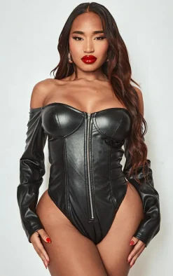 PrettyLittleThing Shape Faux Leather Zip Front Bardot Bodysuit Black
