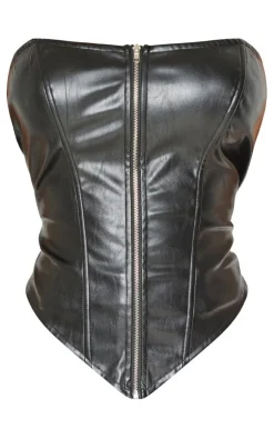PrettyLittleThing Shape Faux Leather Zip Front Corset Black