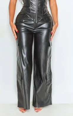 Sale PrettyLittleThing Shape Faux Leather Straight Leg Cargo Pants Black
