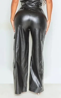 Sale PrettyLittleThing Shape Faux Leather Straight Leg Cargo Pants Black