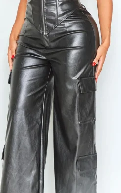 Sale PrettyLittleThing Shape Faux Leather Straight Leg Cargo Pants Black