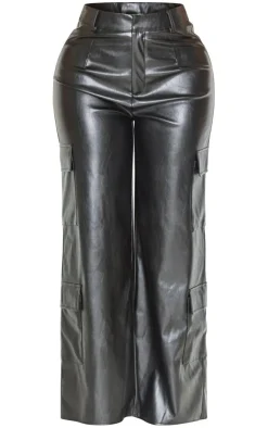 Sale PrettyLittleThing Shape Faux Leather Straight Leg Cargo Pants Black