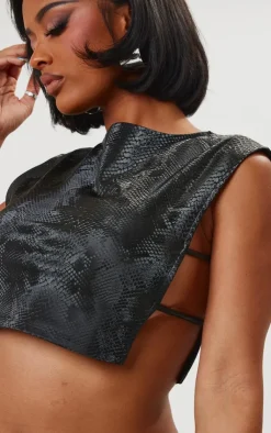 Hot PrettyLittleThing Shape Faux Leather Croc Printed Cut Out Top Black